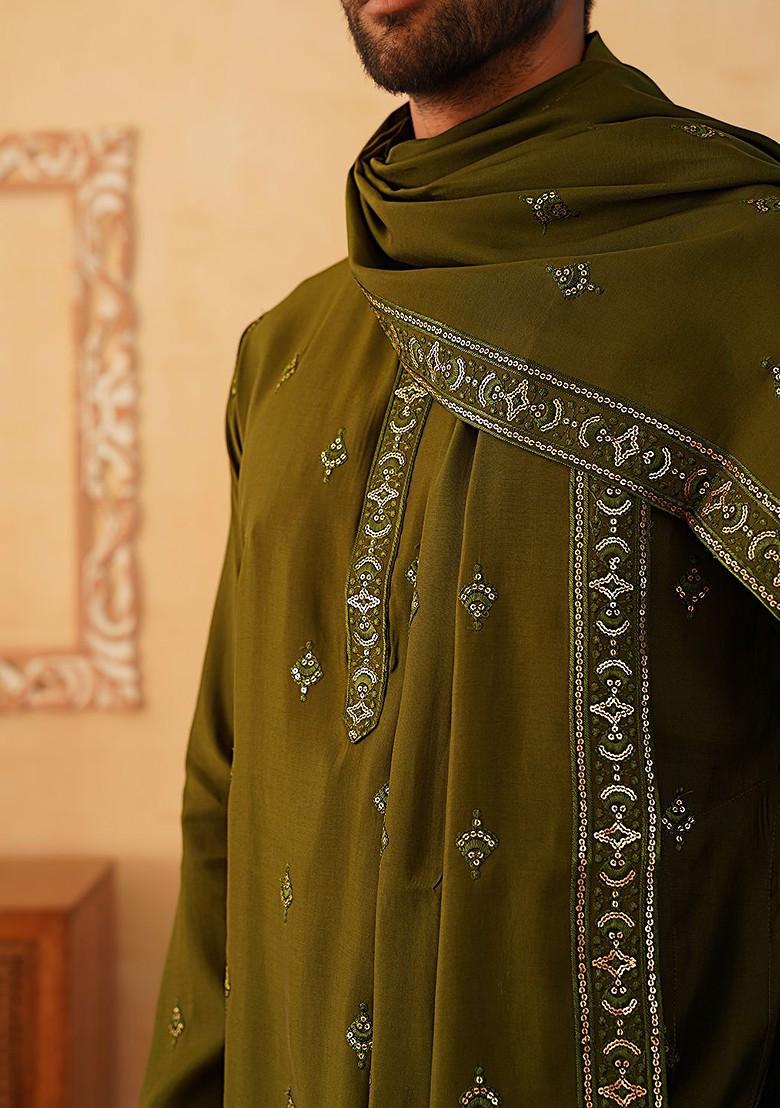 Olive Embroidered Poly Blend Kurta Set For Men