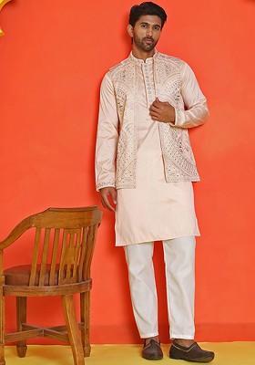 Peach Embroidered Poly Blend Kurta Set For Men