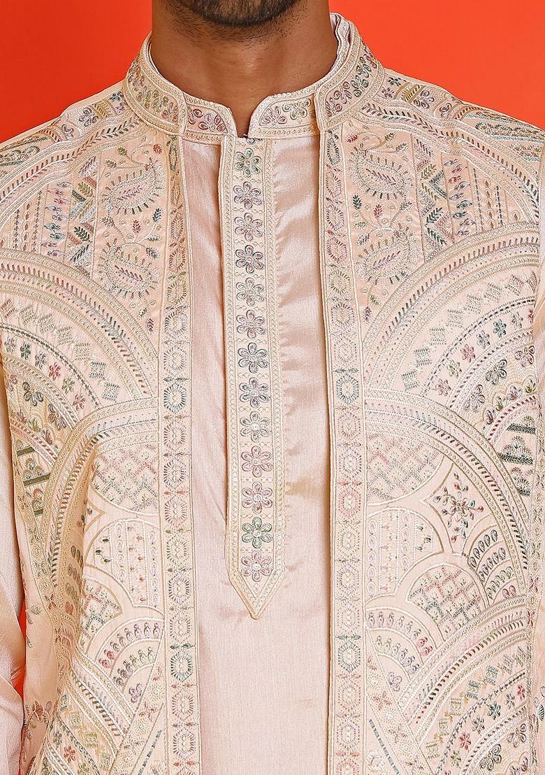 Peach Embroidered Poly Blend Kurta Set For Men