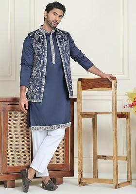 Navy Blue Yoke Design Poly Blend Kurta Set For Men