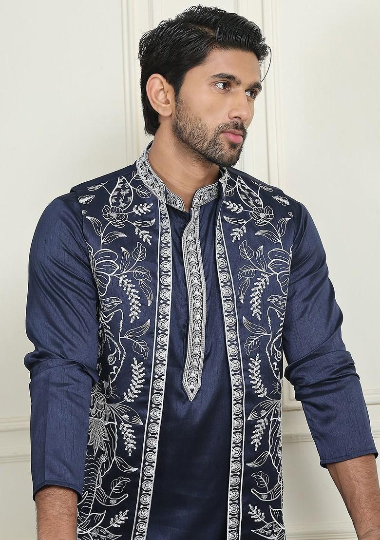 Navy Blue Yoke Design Poly Blend Kurta Set For Men