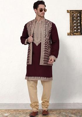 Maroon Embroidered Poly Blend Kurta Set For Men