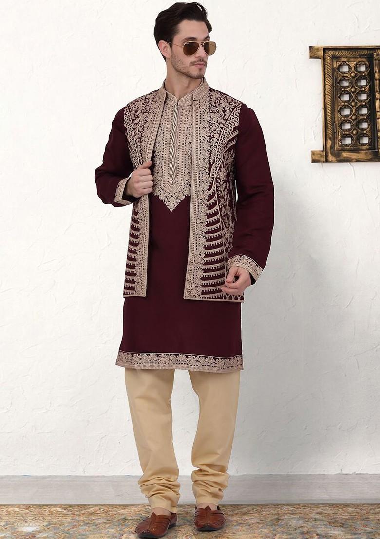 Maroon Embroidered Poly Blend Kurta Set For Men