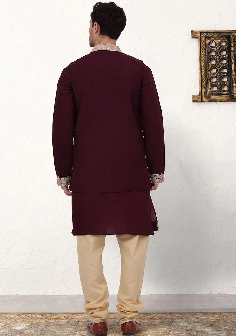 Maroon Embroidered Poly Blend Kurta Set For Men