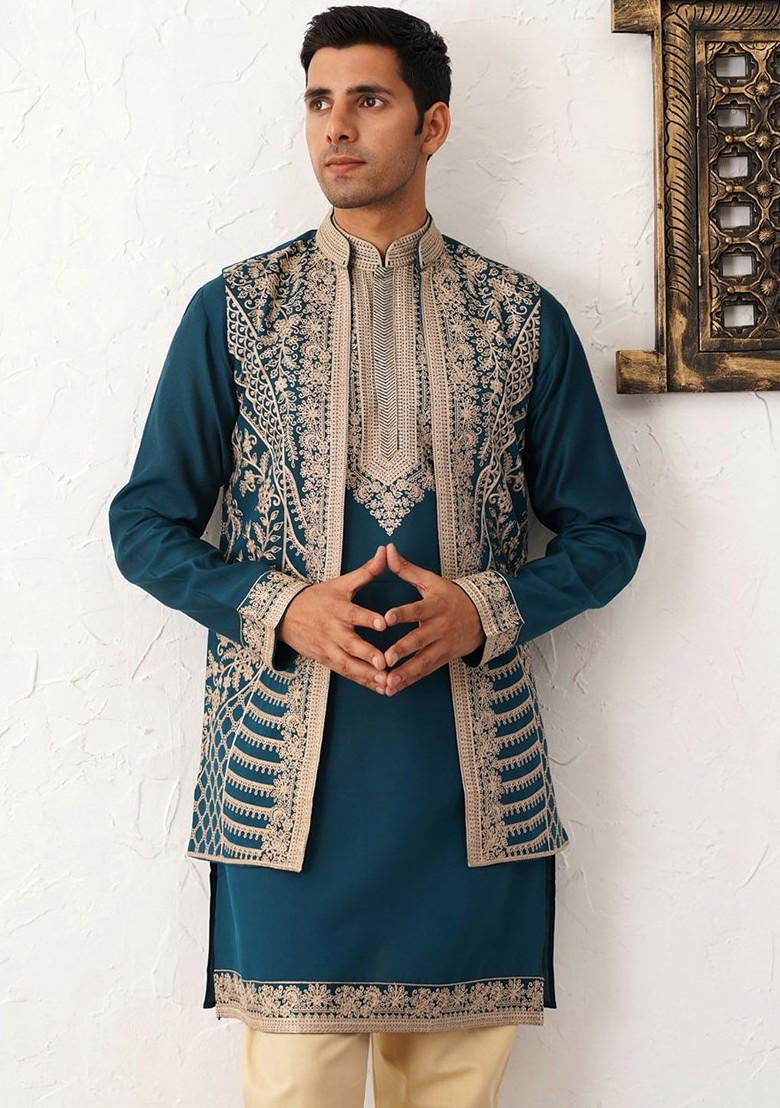 Teal Blue Embroidered Poly Blend Kurta Set For Men