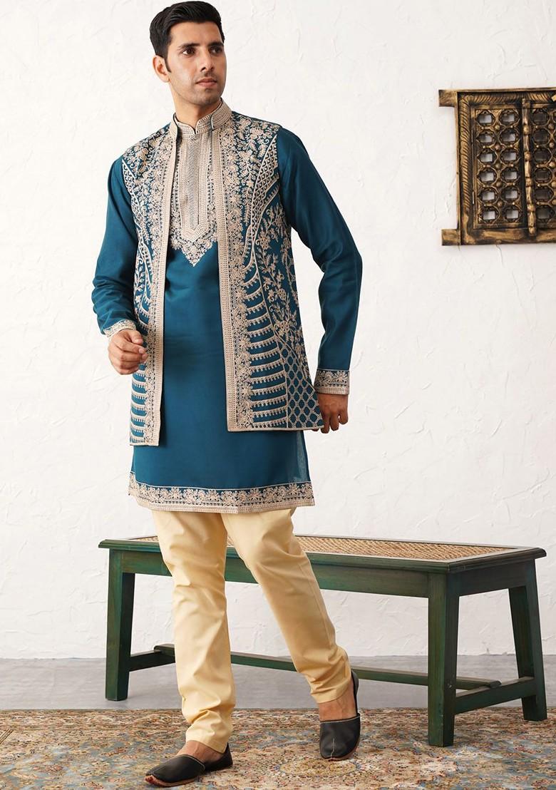 Teal Blue Embroidered Poly Blend Kurta Set For Men