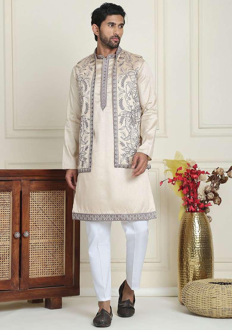 Cream Yoke Design Poly Blend Kurta Set For Men - Indya