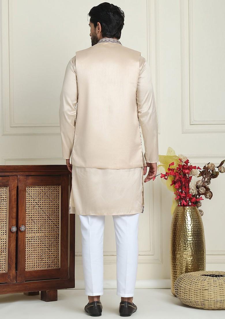 Cream Yoke Design Poly Blend Kurta Set For Men