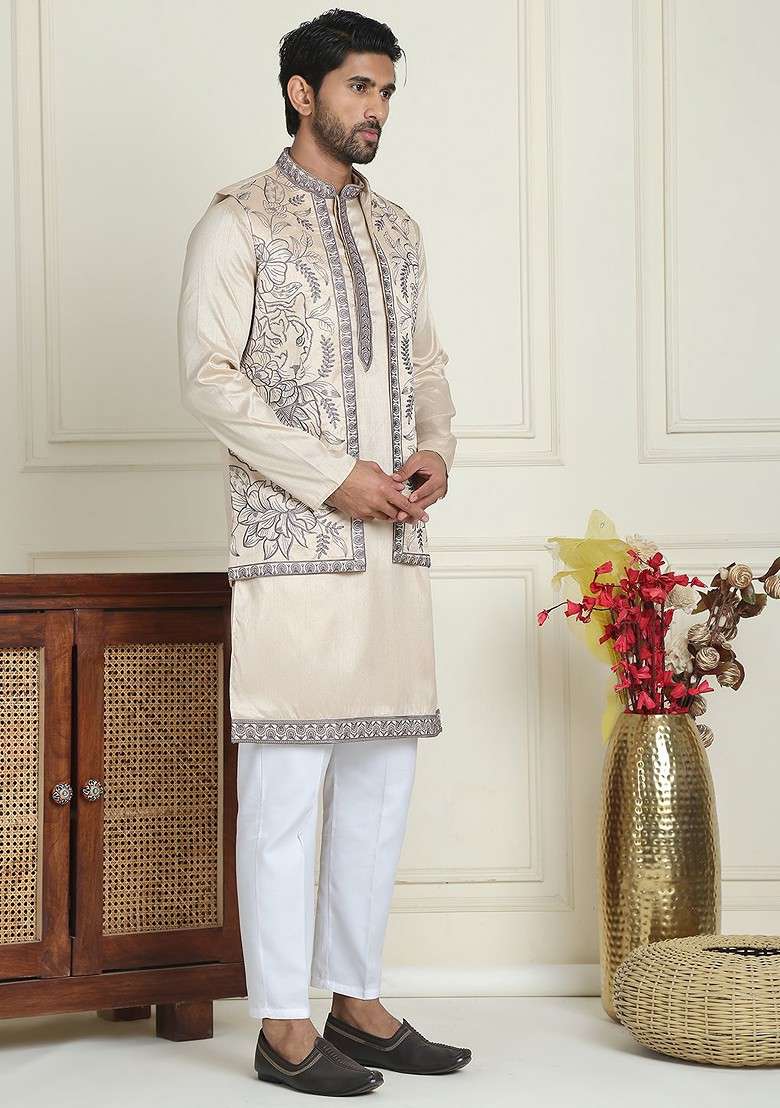 Cream Yoke Design Poly Blend Kurta Set For Men - Indya