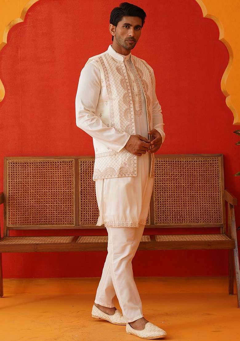 Off White Embroidered Poly Blend Kurta Set For Men - Indya