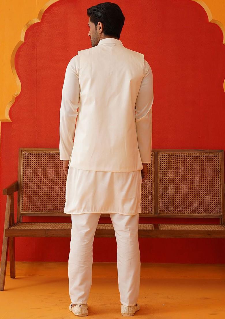 Off White Embroidered Poly Blend Kurta Set For Men