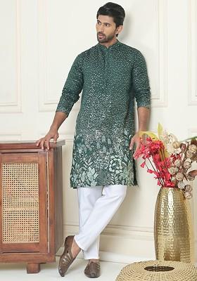 Olive Embroidered Poly Blend Kurta Set For Men