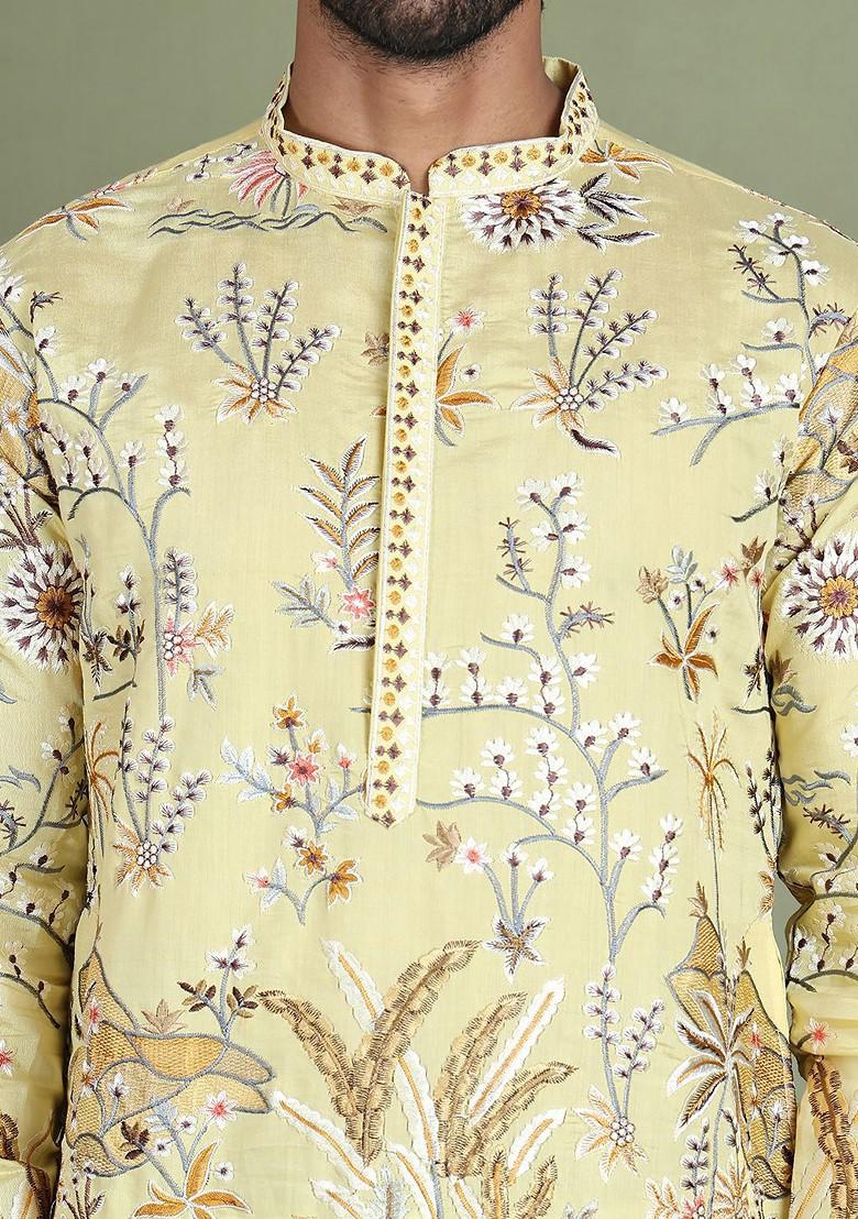 Cream Printed Poly Blend Kurta Set For Men