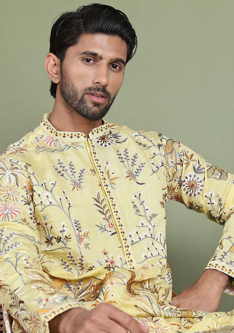 Cream Printed Poly Blend Kurta Set For Men