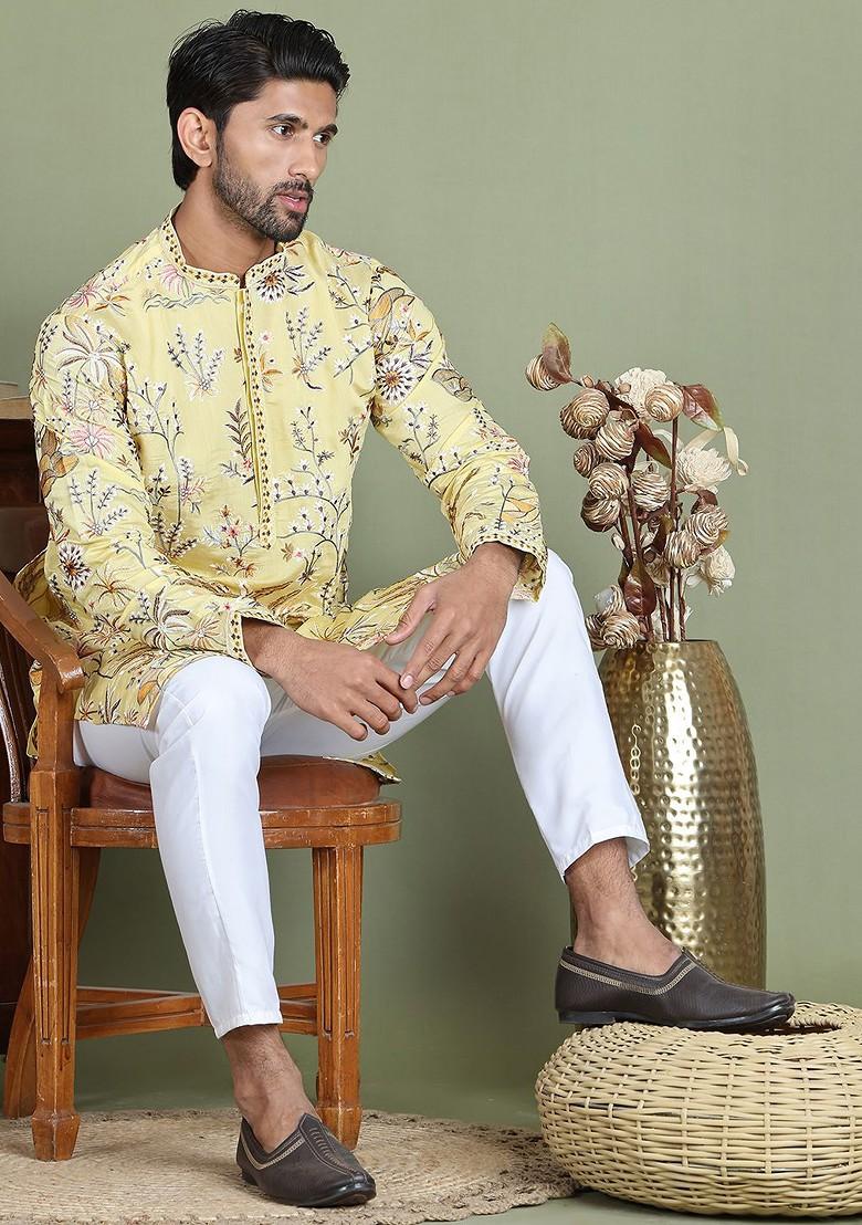 Cream Printed Poly Blend Kurta Set For Men