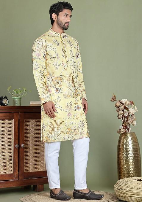 Cream Printed Poly Blend Kurta Set For Men
