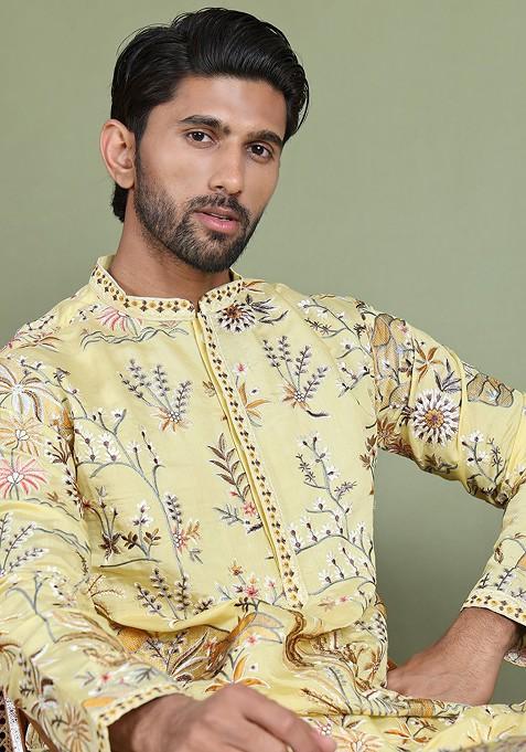 Cream Printed Poly Blend Kurta Set For Men