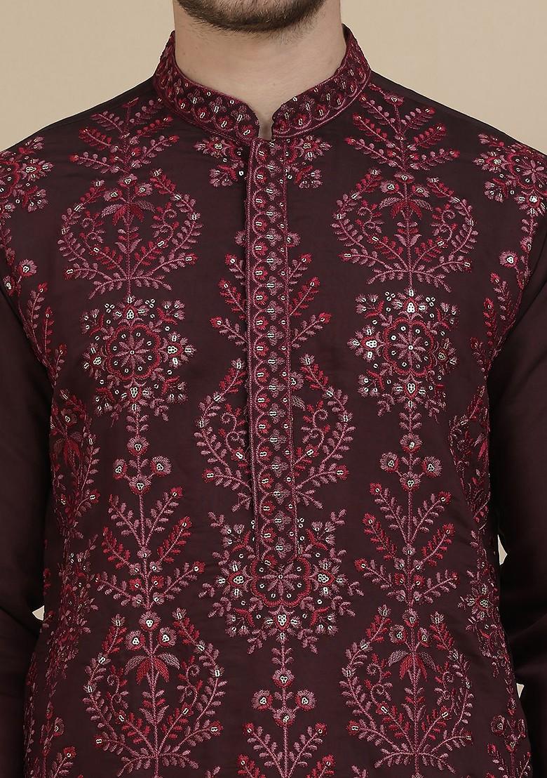 Maroon Embroidered Poly Blend Kurta Set For Men