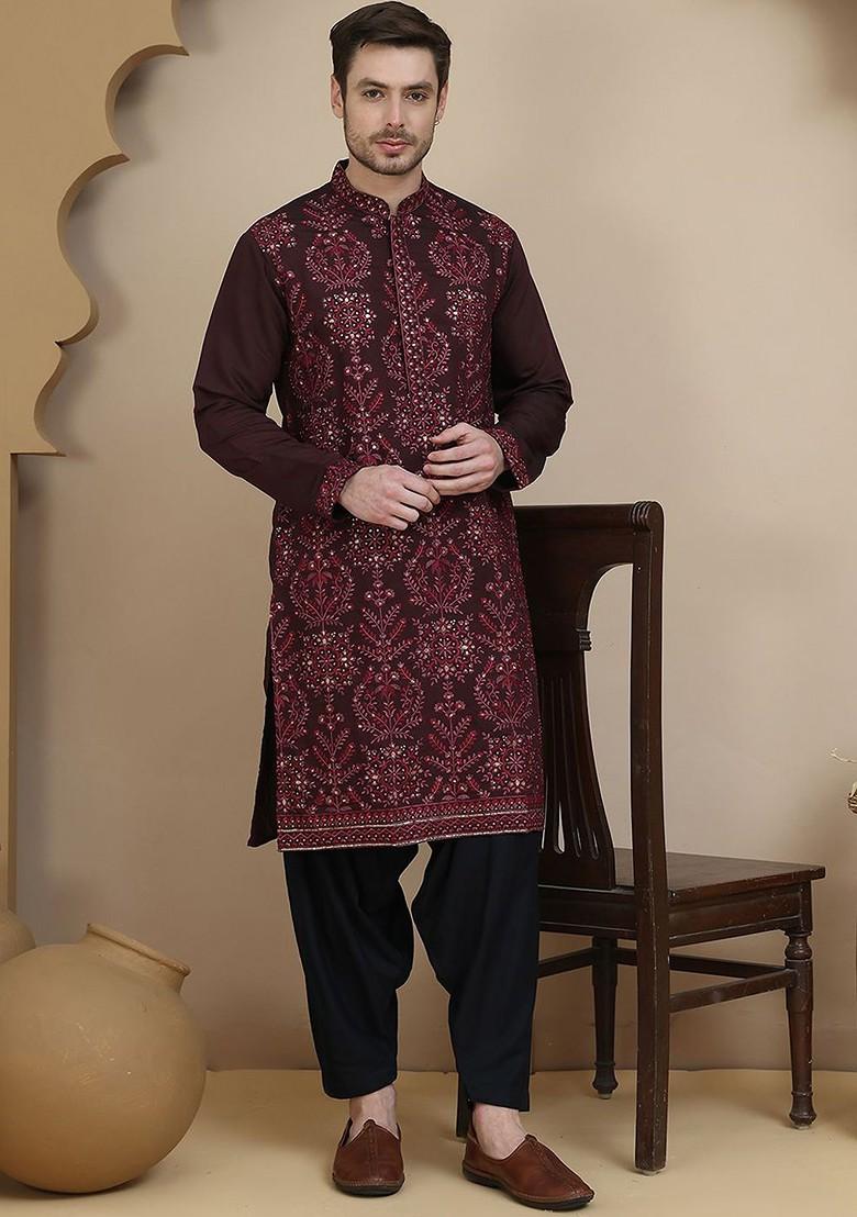 Maroon Embroidered Poly Blend Kurta Set For Men