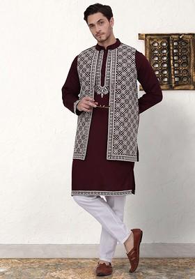 Purple Ethnic Motif Poly Blend Kurta Set For Men