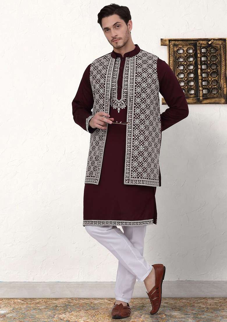 Purple Ethnic Motif Poly Blend Kurta Set For Men - Indya