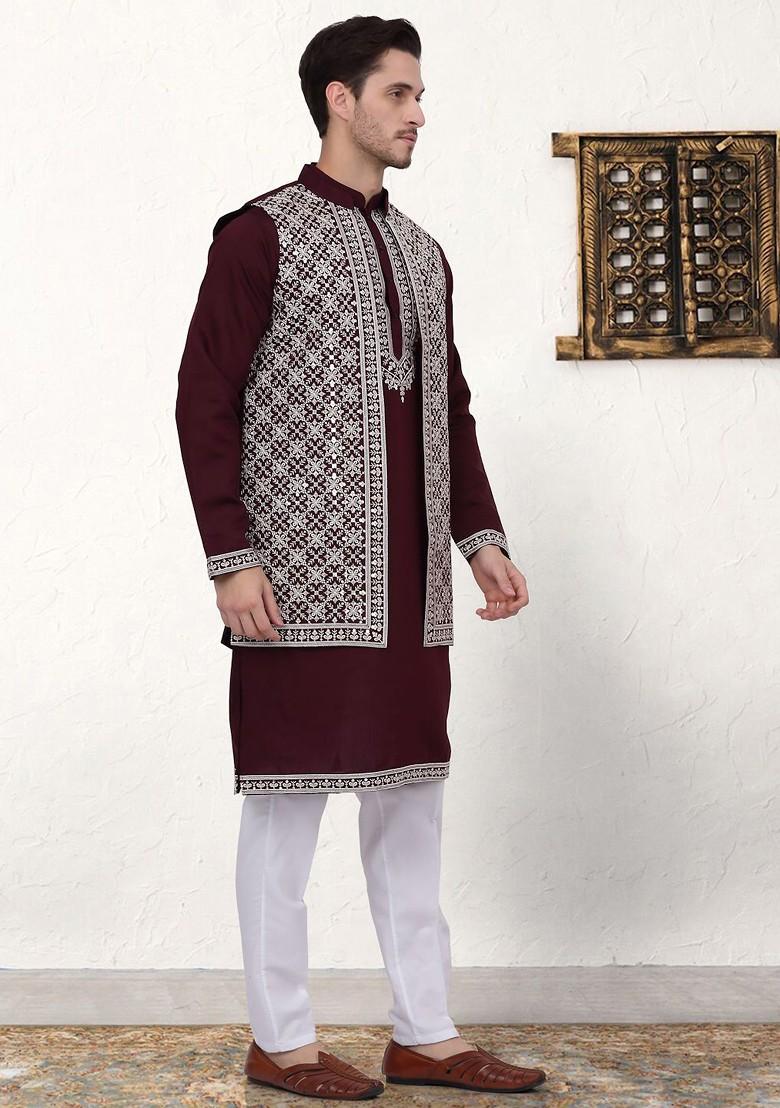 Purple Ethnic Motif Poly Blend Kurta Set For Men
