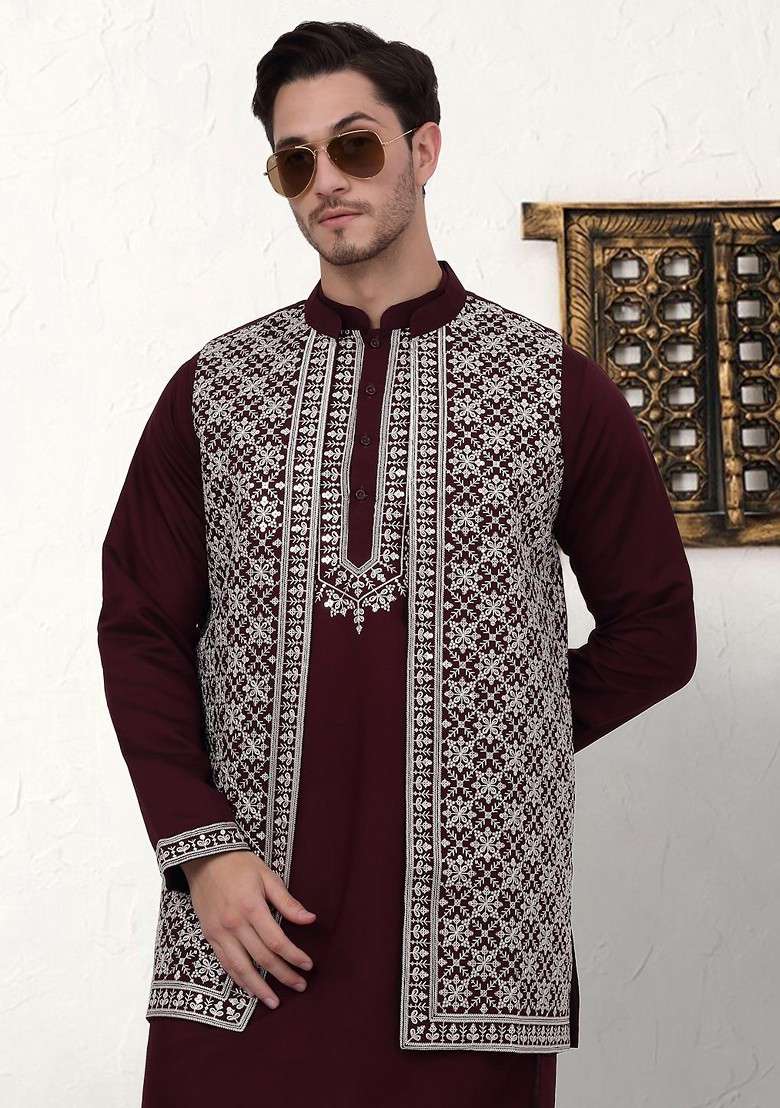 Purple Ethnic Motif Poly Blend Kurta Set For Men - Indya