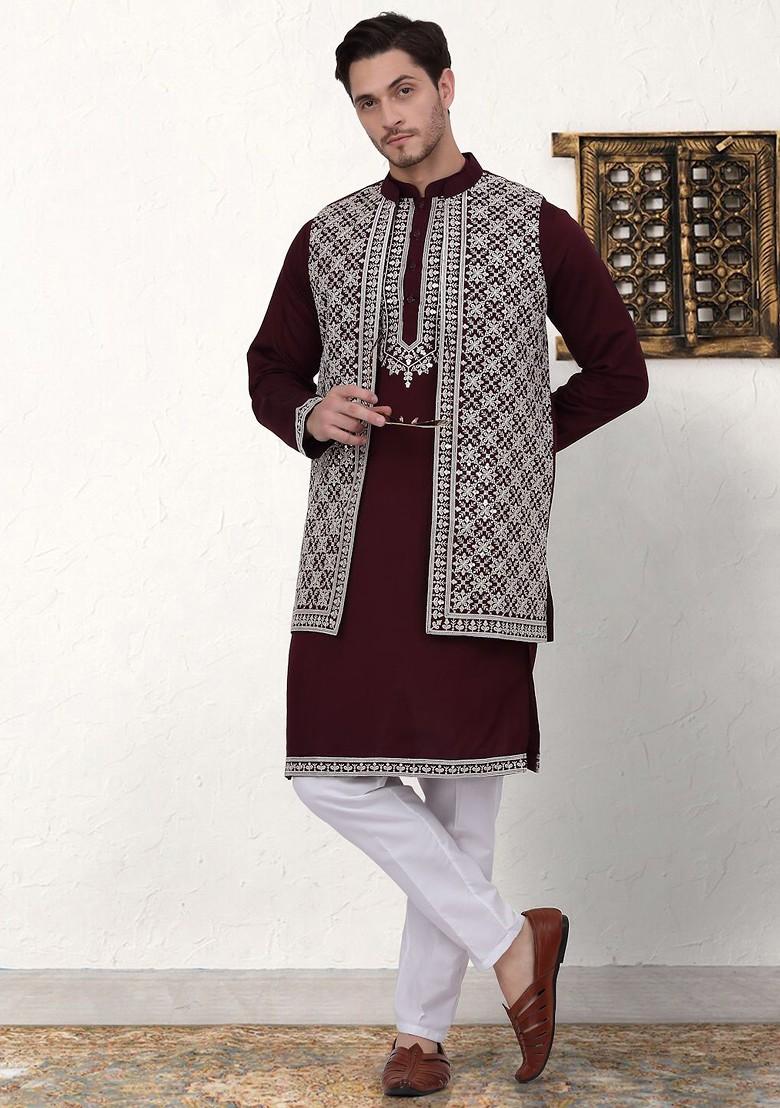 Purple Ethnic Motif Poly Blend Kurta Set For Men