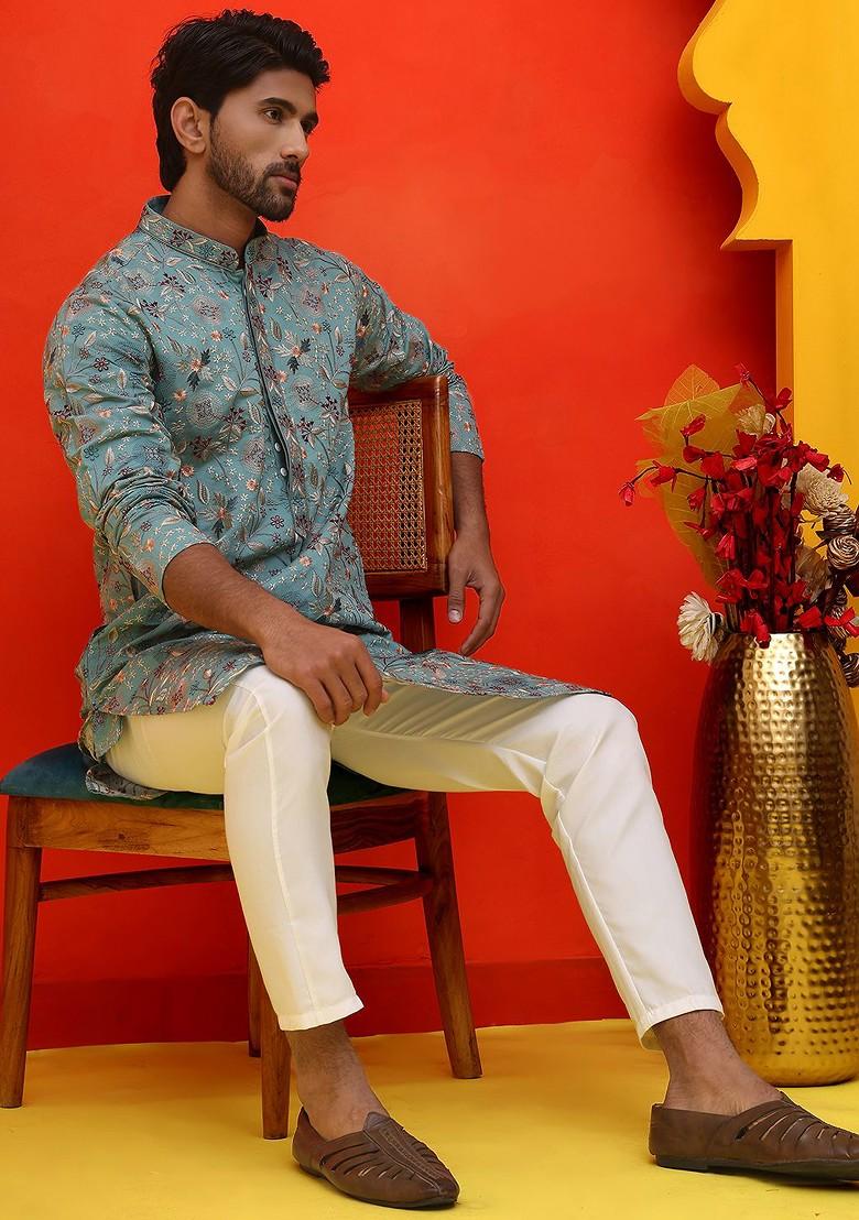 Turquoise Blue Embroidered Poly Blend Kurta Set For Men