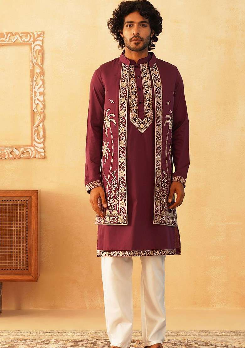 Purple Ethnic Motif Poly Blend Kurta Set For Men - Indya