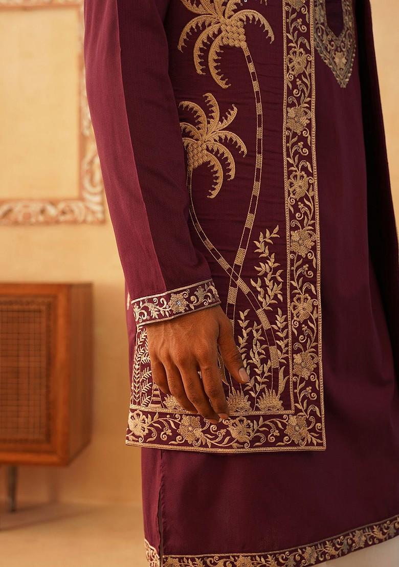 Purple Ethnic Motif Poly Blend Kurta Set For Men