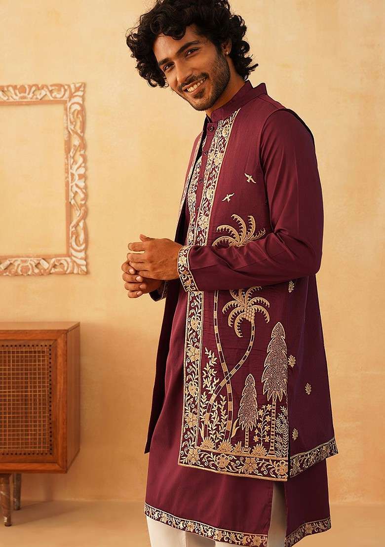 Purple Ethnic Motif Poly Blend Kurta Set For Men - Indya