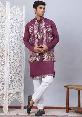 Purple Embroidered Poly Blend Kurta Set For Men