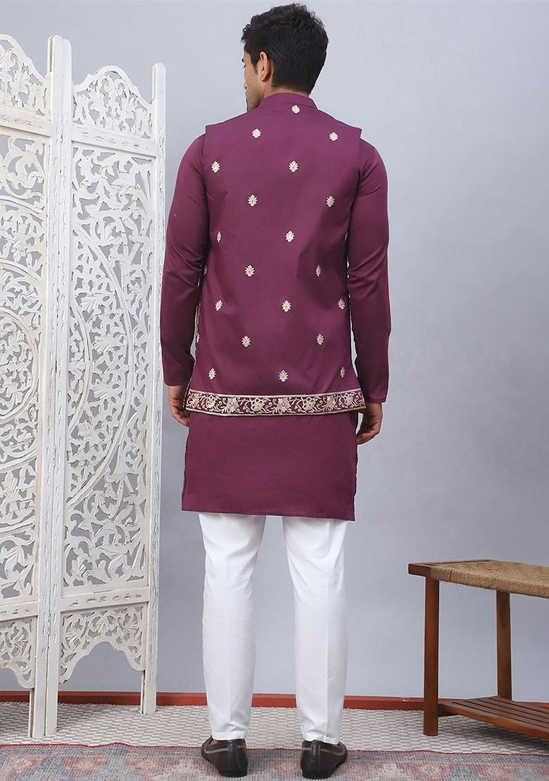 Purple Embroidered Poly Blend Kurta Set For Men