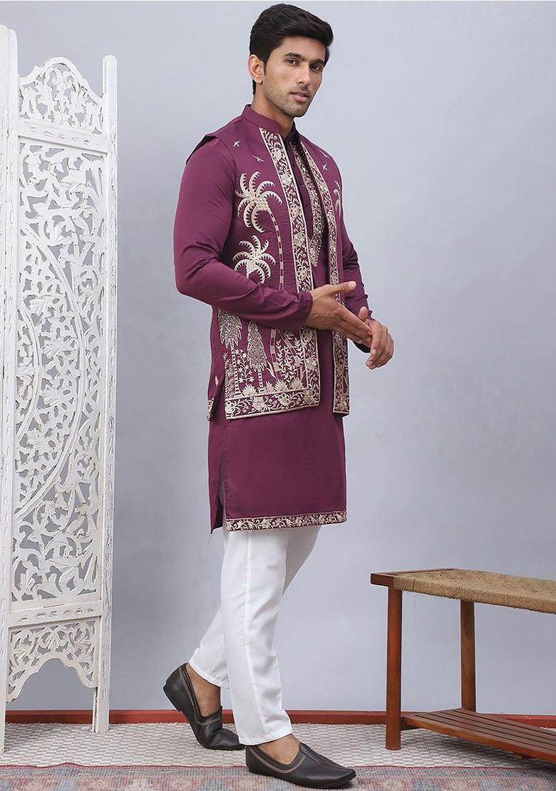Purple Embroidered Poly Blend Kurta Set For Men