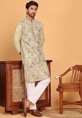 Beige Embroidered Poly Blend Kurta Set For Men