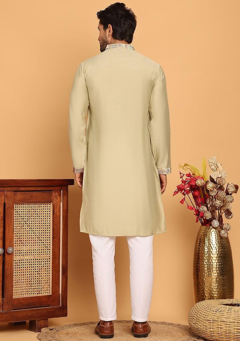 Beige Embroidered Poly Blend Kurta Set For Men
