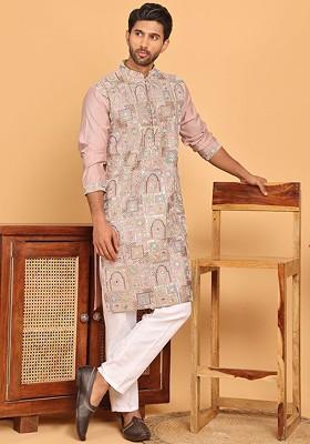 Peach Embroidered Poly Blend Kurta Set For Men