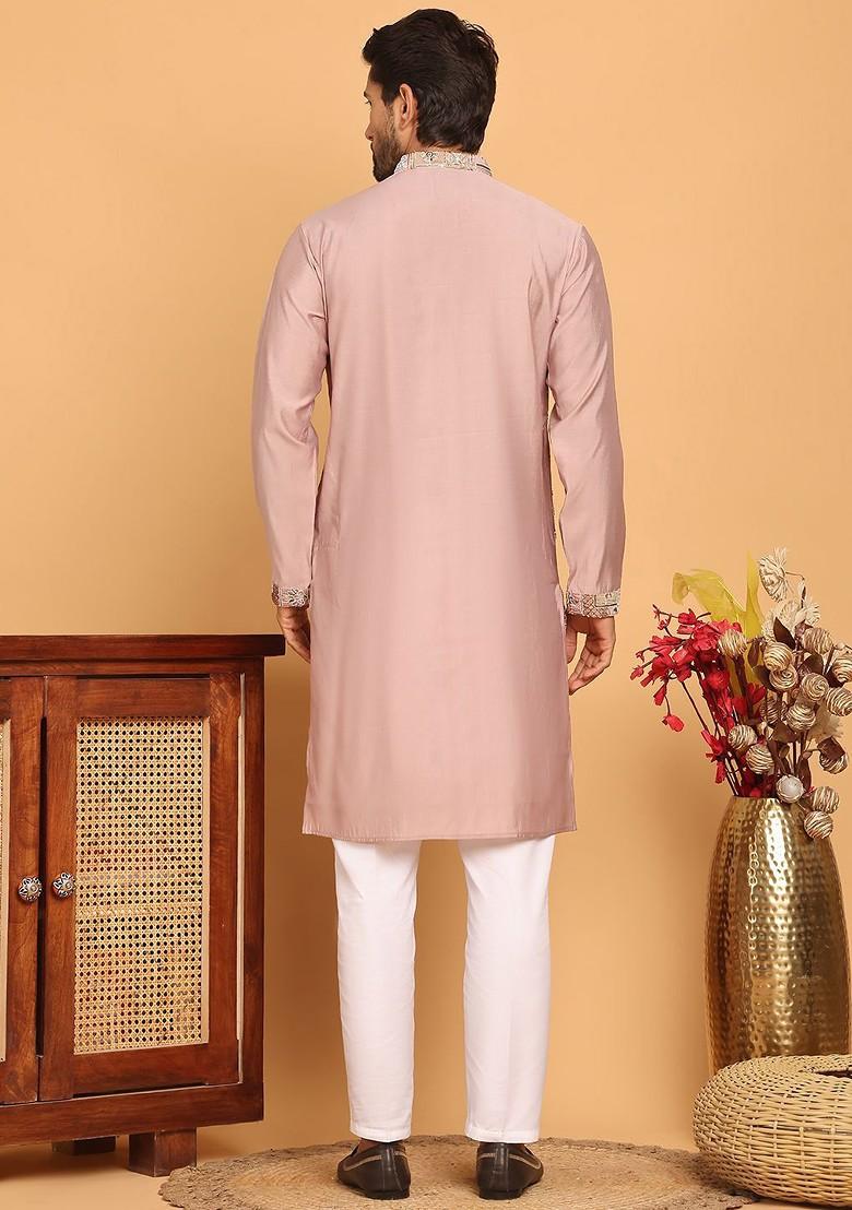 Peach Embroidered Poly Blend Kurta Set For Men