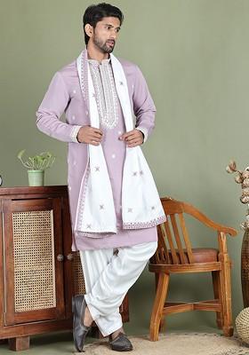 Lavender Embroidered Poly Blend Kurta Set For Men