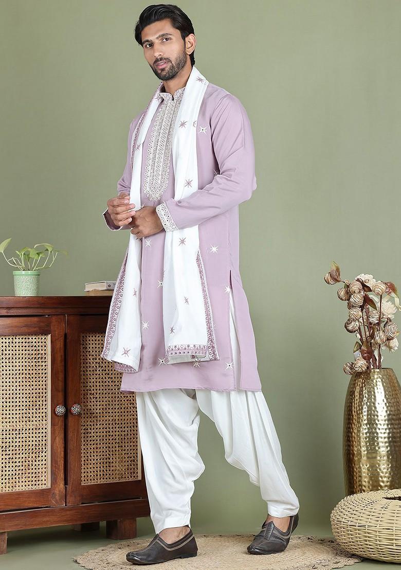 Lavender Embroidered Poly Blend Kurta Set For Men