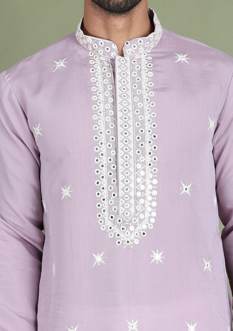Lavender Embroidered Poly Blend Kurta Set For Men