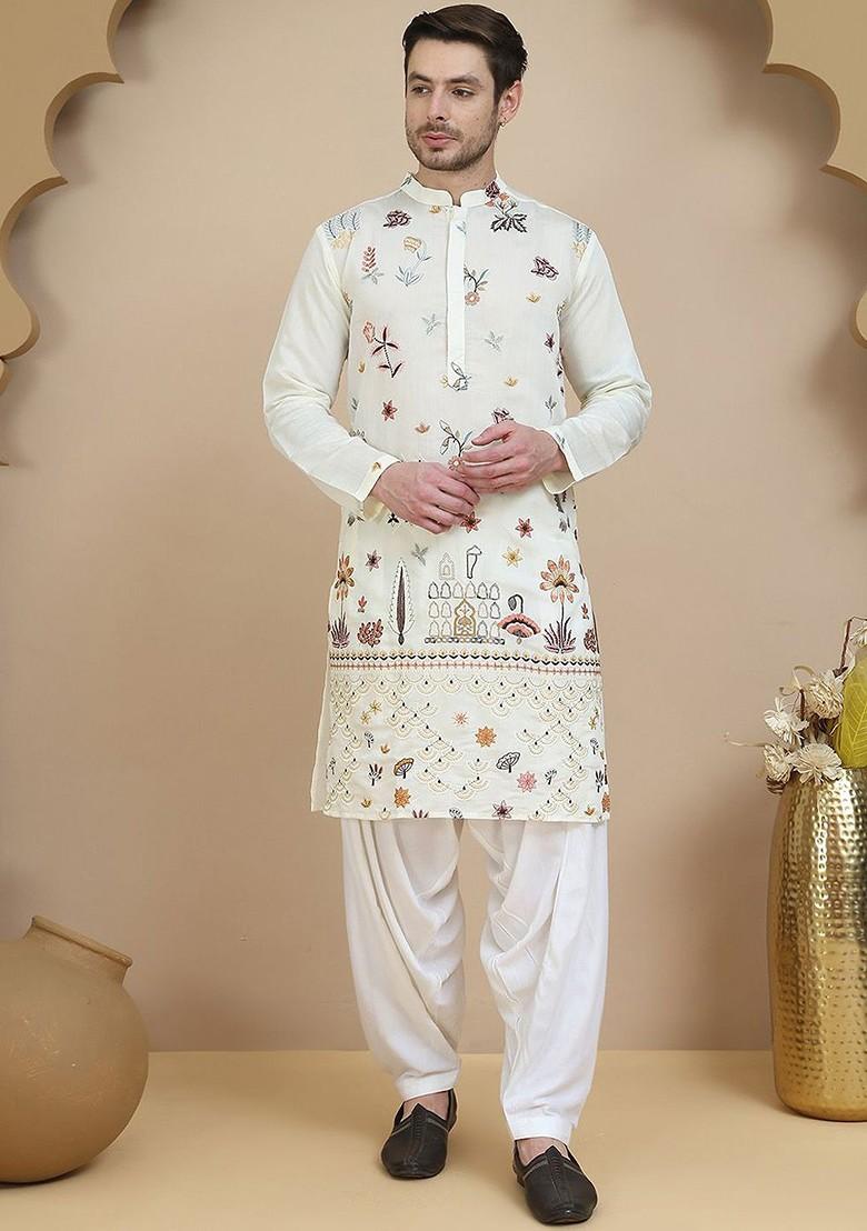 Off White Embroidered Poly Blend Kurta Set For Men