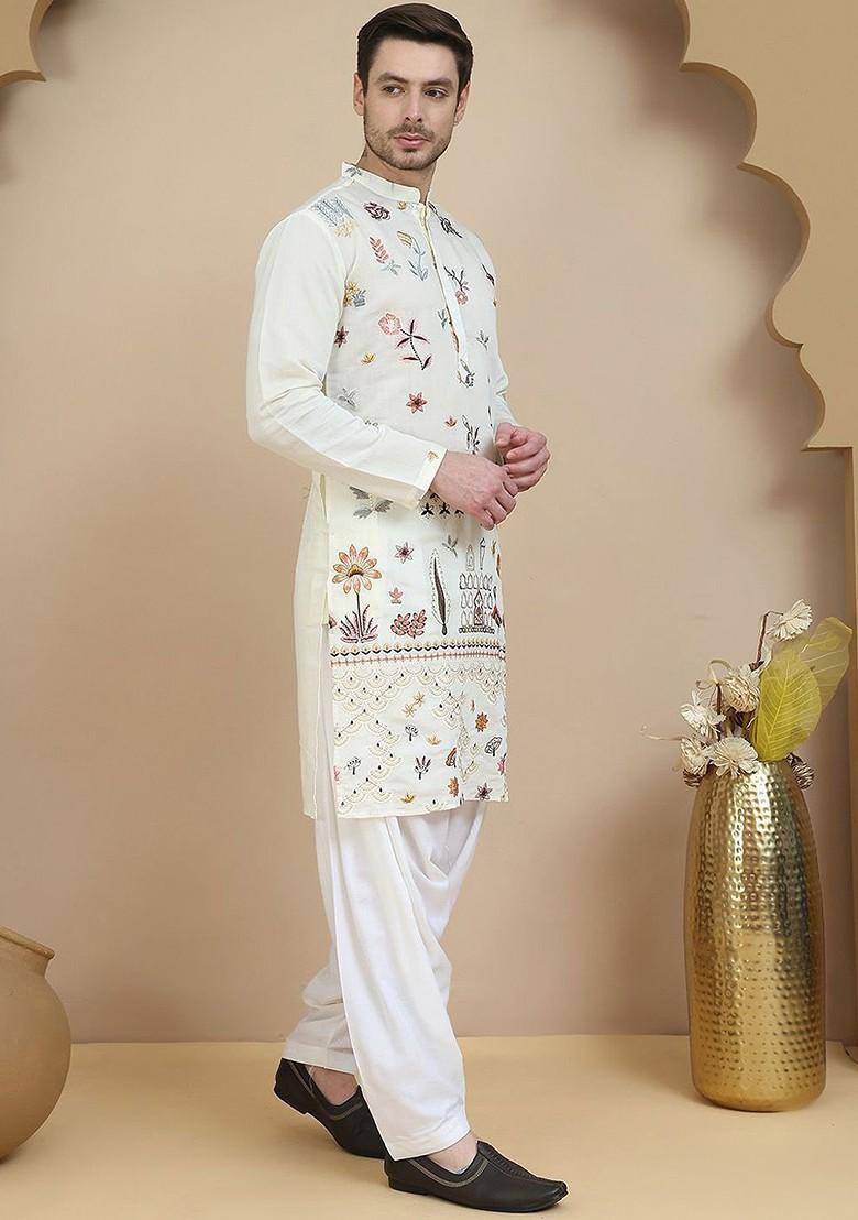 Off White Embroidered Poly Blend Kurta Set For Men