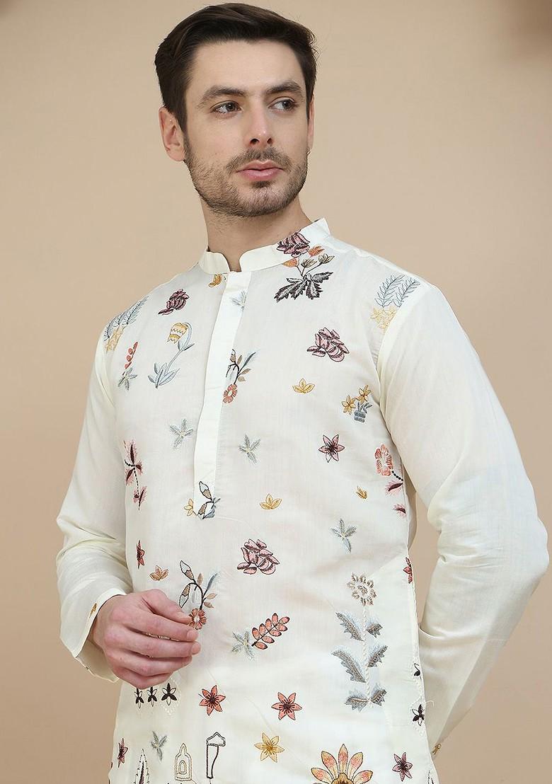 Off White Embroidered Poly Blend Kurta Set For Men