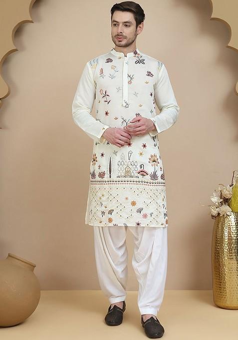 Off White Embroidered Poly Blend Kurta Set For Men