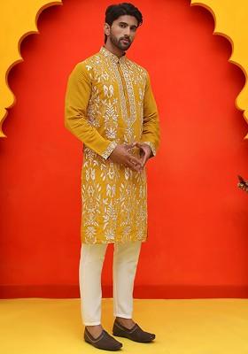 Mustard Yellow Embroidered Poly Blend Kurta Set For Men