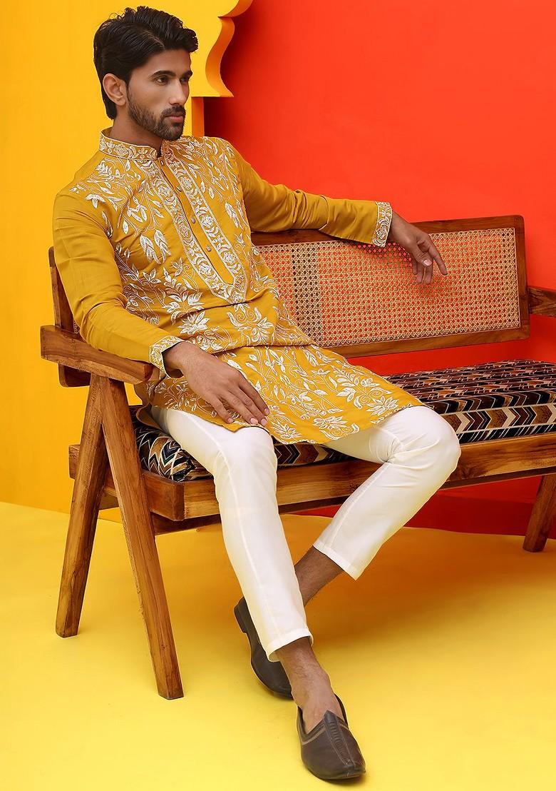 Mustard Yellow Embroidered Poly Blend Kurta Set For Men