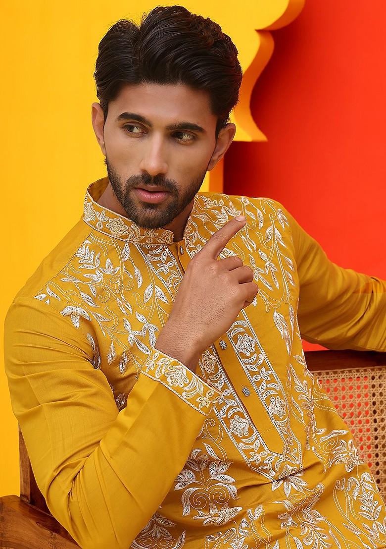 Mustard Yellow Embroidered Poly Blend Kurta Set For Men