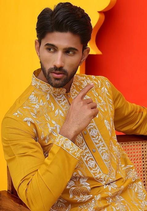 Mustard Yellow Embroidered Poly Blend Kurta Set For Men